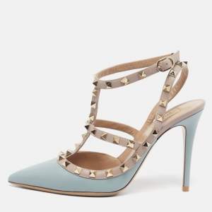 Pre Owned Valentino Rockstud Caged Size 38 Grey/Blue Leather Ankle Strap Pumps
