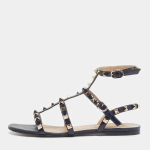 Pre Owned Valentino Rockstud Size 36 Navy Blue Patent Leather Ankle Strap Flat Sandals