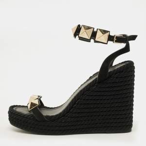 Pre Owned Valentino Roman stud Size 38 Black Suede Wedge Espadrille Sandals