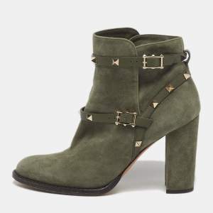 Pre Owned Valentino Rockstud Size 39 Green Leather and Suede Ankle Length Boots