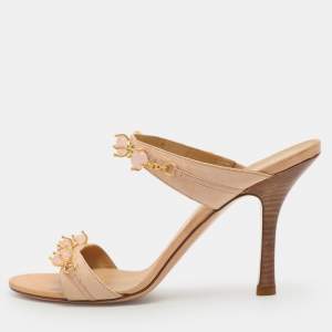 Pre Owned Valentino Size 38.5 Beige Crystal Embellished Leather Sandals