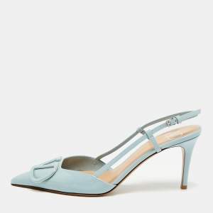 Pre Owned Valentino VLogo Signature Size 38 Sky Blue Patent Leather Slingback Pumps