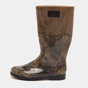 Pre Owned Valentino Size 41 Black/Beige Lace Print Rubber Rain Boots