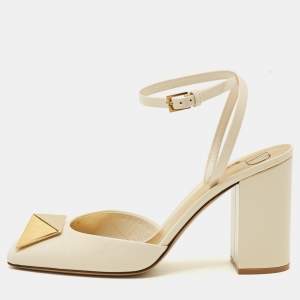 Pre Owned Valentino One Stud Size 38 Cream Patent Leather Ankle Strap Pumps