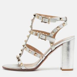 Pre Owned Valentino VLogo Size 36 Silver Leather Ankle Strap Sandals