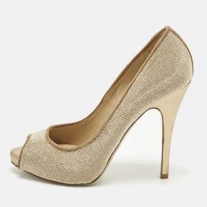 Pre Owned Valentino Size 37.5 Beige/Gold Suede Peep Toe Pumps