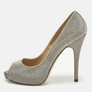 Pre Owned Valentino Size 38 Metallic Silver/Grey Suede Crystal Embellished Peep Toe Pumps