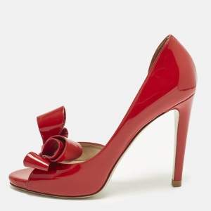 مملوكة مسبقًا Valentino Open Toe  Size 38 Red Patent Leather Bow D'orsay Pumps
