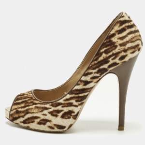 مملوكة مسبقًا Valentino Size 38 Beige/Brown Calf Hair Platform Peep Toe Pumps
