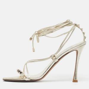 Pre Owned Valentino Rockstud Size 41 Gold Leather Ankle Tie Sandals