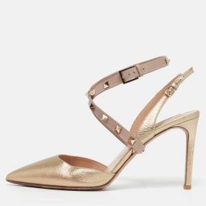 مملوكة مسبقًا Valentino Rockstud Size 39 Gold Leather Slingback Pumps