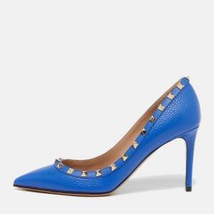 مملوكة مسبقًا Valentino Rockstud Size 39 Blue Leather Pointed Toe Pumps