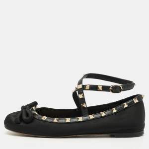 Pre Owned Valentino Rockstud Size 37.5 Black Leather Satin Ballet Flats