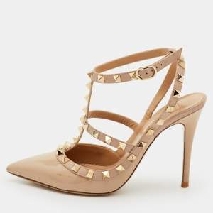 Pre Owned Valentino Rockstud Size 36.5 Beige Patent Leather Pointed Toe Ankle Strap Pumps