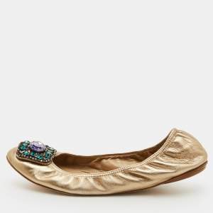 مملوكة مسبقًا Valentino Size 40 Metallic Leather Crystal Embellished Ballet Flats