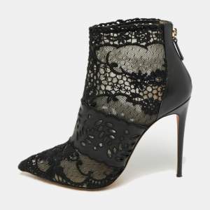Pre Owned Valentino Fusion Size 39 Black Lace And Leather Ankle Length Boots