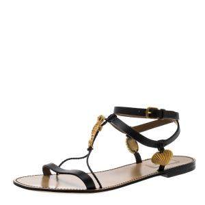 Pre Owned Valentino Black Leather Starfish and Seahorse Flat Sandals Size 40