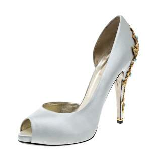 Pre Owned Valentino Grey Satin Crystal Embellished Jewel Heel Peep Toe D'orsay Pumps Size 41