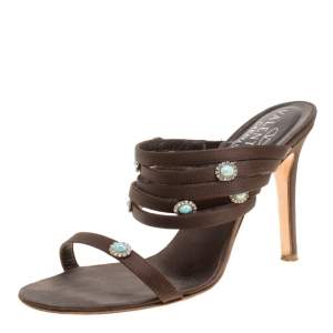 Pre Owned Valentino Dark Brown Satin Strappy Slide Sandals Size 36.5