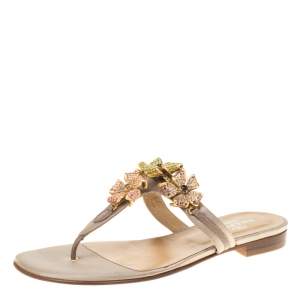 Pre Owned Valentino Beige Satin Crystal Embellished Thong Flats Size 38
