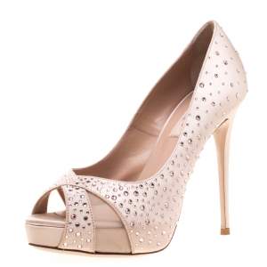 Pre Owned Valentino Beige Crystal Embellished Satin/Mesh Criss Cross Platform Pumps Size 37.5