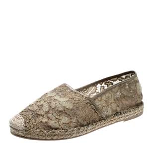 Pre Owned Valentino Beige Lace And Leather Espadrilles Size 39