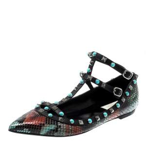 Pre Owned Valentino Multicolor Python Rolling Rockstud Ankle Strap Flats Size 40