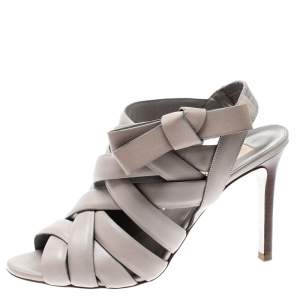 Pre Owned Valentino Grey Leather Peep Toe Strappy Open Toe Sandals Size 37