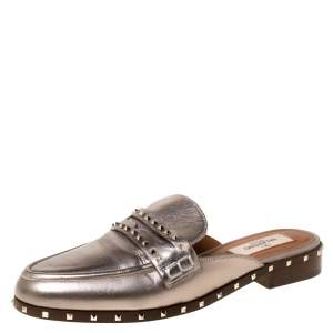 Pre Owned Valentino Metallic Bronze Leather Soul Rockstud Flat Mules Size 35