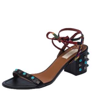 Pre Owned Valentino Black Leather And Fabric Studded Heel Ankle Strap Sandals Size 38.5