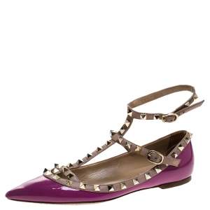 Pre Owned Valentino Purple Patent Leather And Leather Rockstud Double Ankle Strap Cage Ballerina Flats Size 38