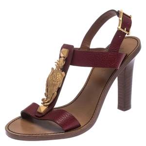 Pre Owned Valentino Burgundy Leather Scarab T-Strap Sandals Size 37