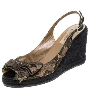 Pre Owned Valentino Black/Beige Lace Bow Slingback Wedge Espadrille Sandals Size 39.5