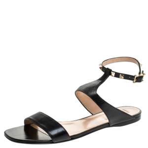 Pre Owned Valentino Black Leather Rockstud Ankle Strap Flat Sandals Size 39.5