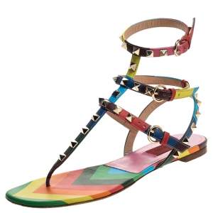 Pre Owned Valentino Multicolor Chevron Print Leather Rockstud Thong Flat Sandals Size 37.5