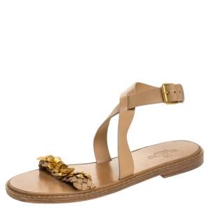 Pre Owned Valentino Beige Leather Floral Embellished Testa Di Moro Ankle Strap Flat Sandals Size 39