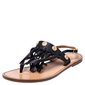 Pre Owned  Valentino Black Leather Fringed Coin Detail Thong Flat Sandals Size 39
