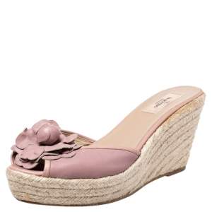 Pre Owned Valentino Beige Leather Flower Applique Wedge Platform Sandals Size 41