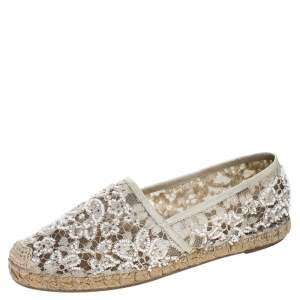 Pre Owned  Valentino White Lace Embellished Espadrilles Slip On Loafers Size 35