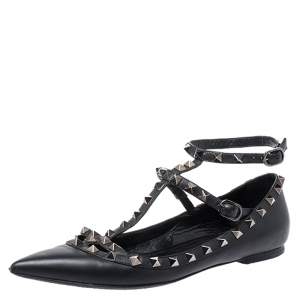 Pre Owned Valentino Black Leather Rockstud Cage Ballet Flats Size 38