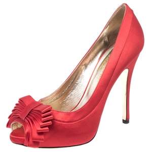 Pre Owned Valentino Red Satin Bow Detail Peep Toe Platform Pumps Size 40
