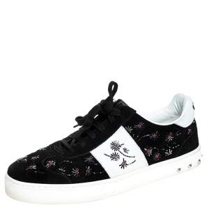 Pre Owned Valentino Black/White Suede And Leather Flycrew Beaded Low Top Sneakers Size 40
