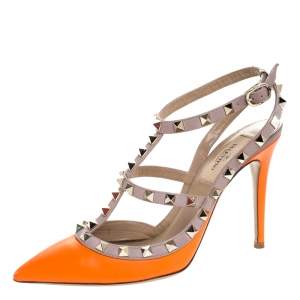 Pre Owned Valentino Orange Leather Rockstud Ankle Strap Cage Sandals Size 37.5
