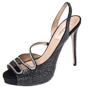 Pre Owned Valentino Black Satin Crystal Embellished Slingback Platform Sandals Size 39