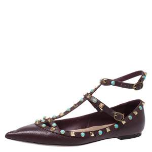 Pre Owned Valentino Maroon Textured Leather Rolling Rockstud Ankle Strap Flats Size 40