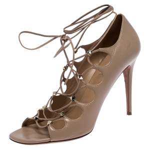 Pre Owned Valentino Beige Leather Rockstud Open Toe Lace Up Ankle Wrap Sandals Size 40