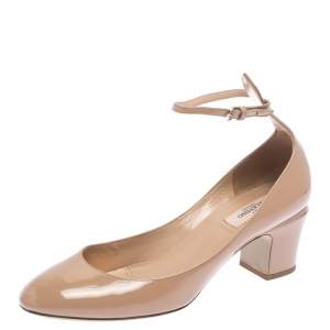 Pre Owned Valentino Beige Patent Leather Tango Block Heel Ankle Strap Pumps Size 40.5
