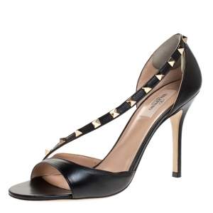 Pre Owned Valentino Black Leather Studded D'orsay Sandals Size 39.5