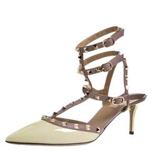 Pre Owned Valentino Light Yellow/Beige Leather Rockstud Ankle Strap Sandals Size 41.5