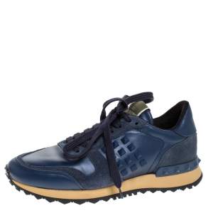 Pre Owned Valentino Blue Leather And Suede Rockrunner Low Top Sneakers Size 36